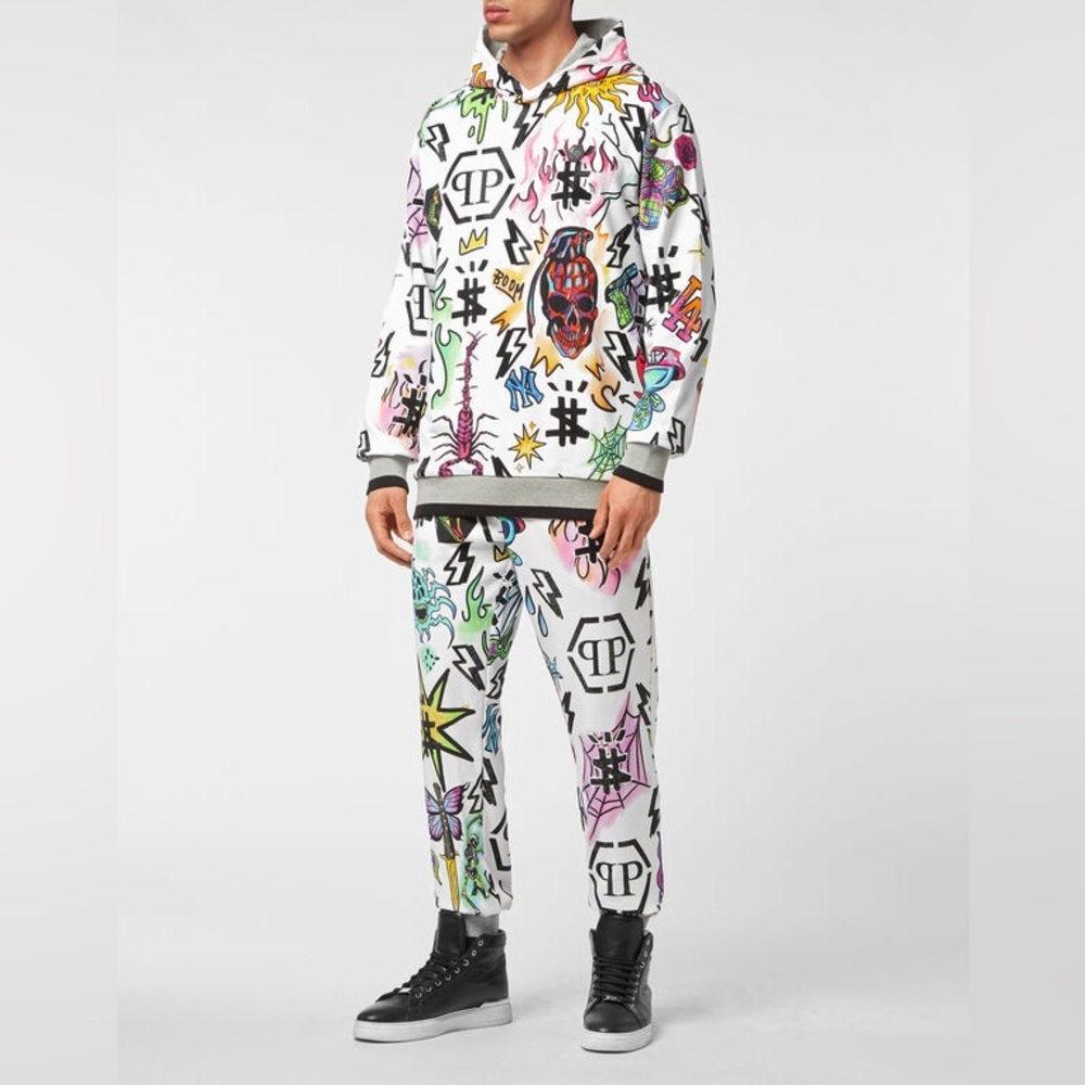 Philipp Plein Tracksuit Zipper‎ Jacket w/ Joggers Tattoo Punk Rocker White XXXL